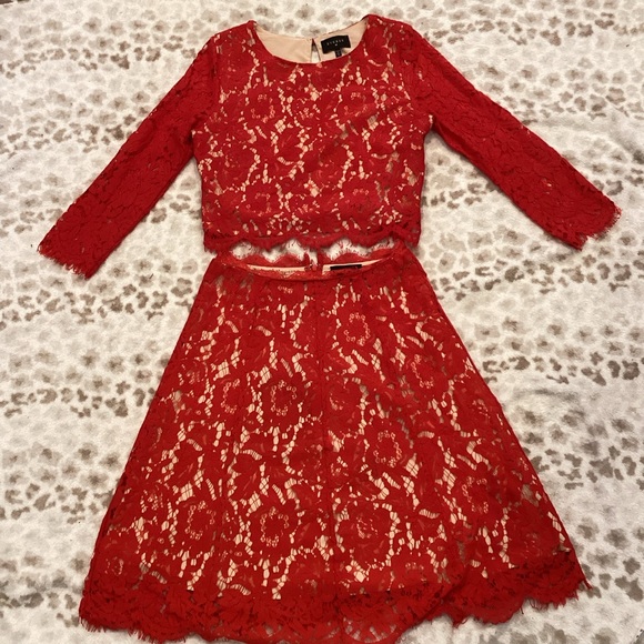 ❤️EVERLY❤️ Anthropologie Red Lace Two Piece Dress (Cropped Top and Skirt) Size S - Picture 7 of 16